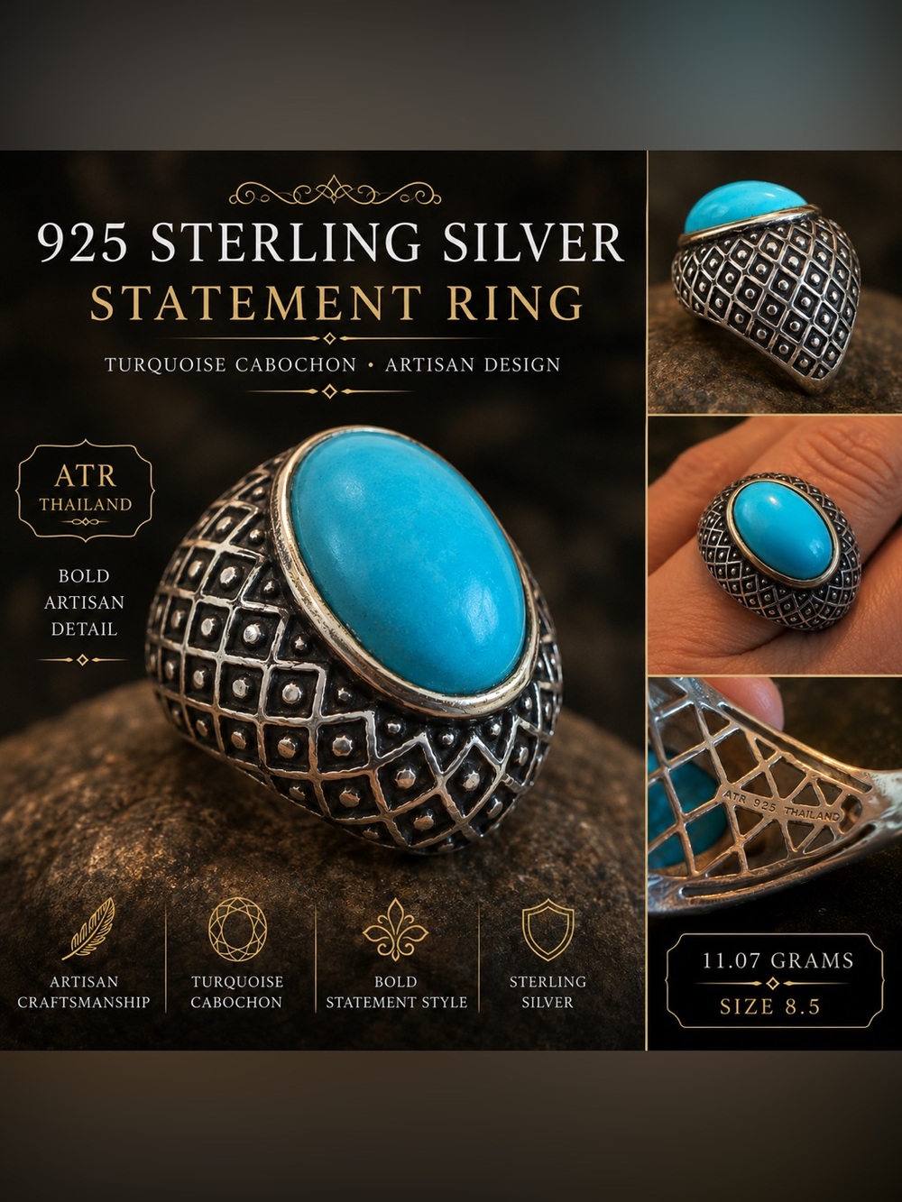 ATR Thai  Sterling Silver Turquoise Statement Ring - Bold Blue Cabochon 8.5